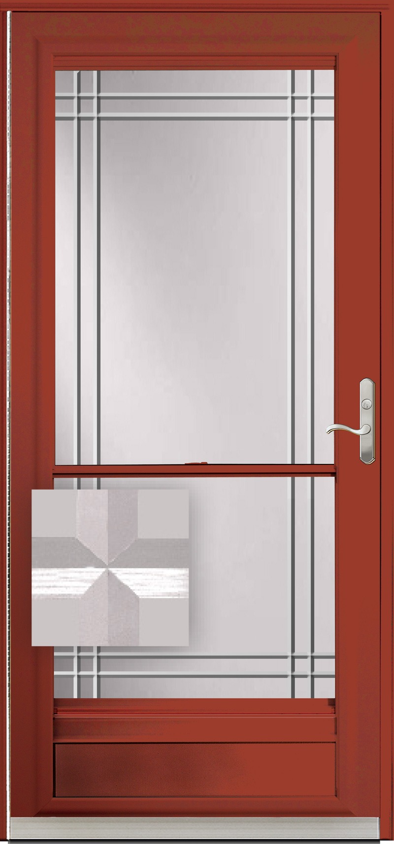 A red door with etched glass inside