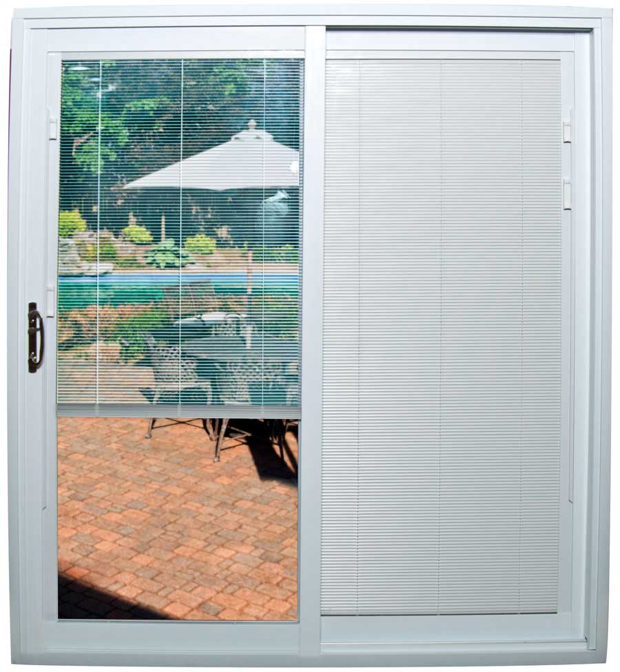 a sliding glass door with partially opened mini-blinds