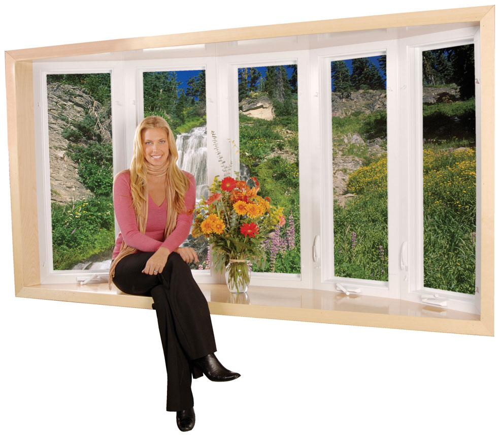 A woman sitting in front of a bow window with a grassy landscape outside.