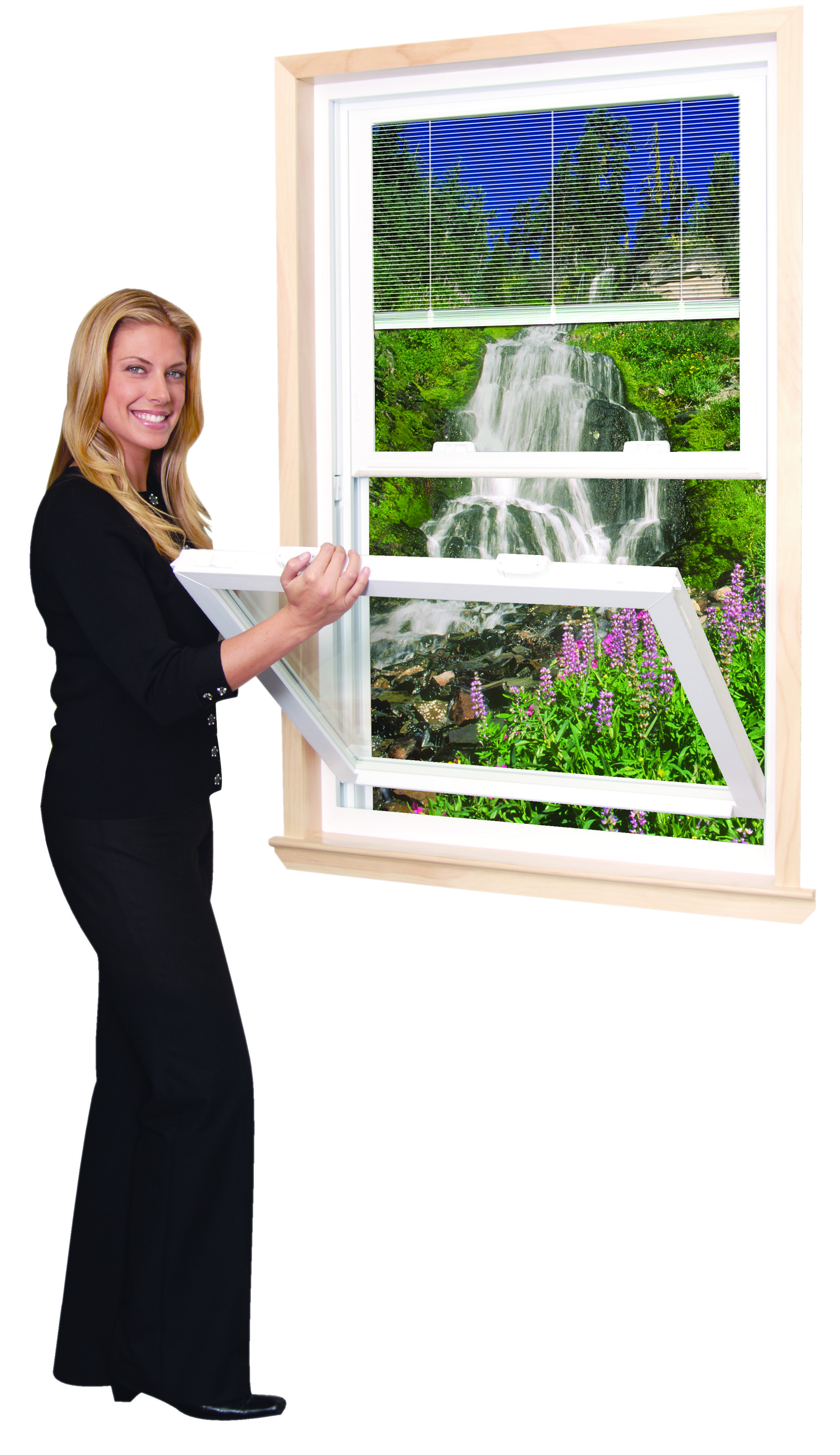 A woman opening a double hung window.