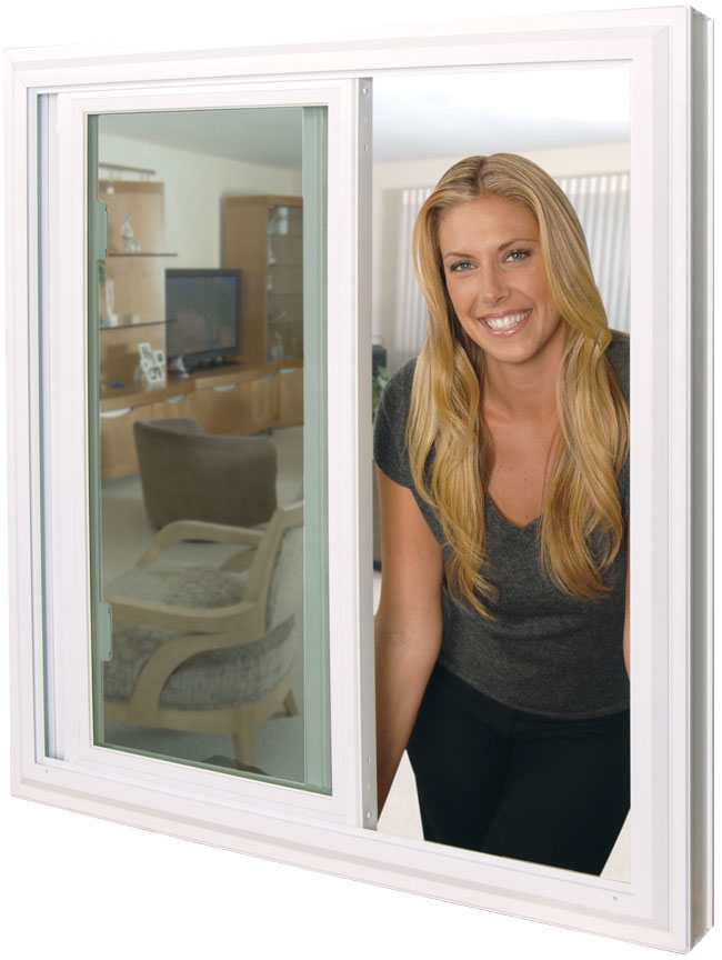 A woman leaning through an opened sliding glass window